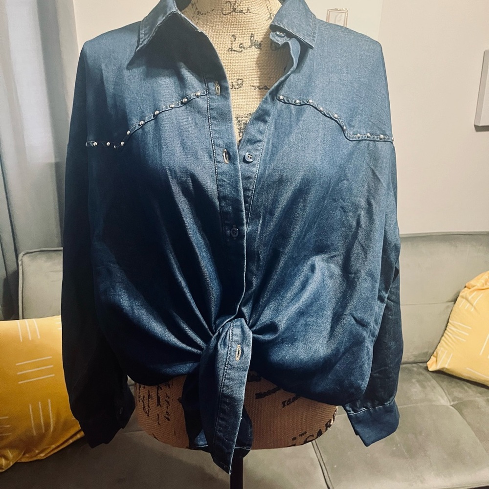 Studio Dark Blue Denim Button-Up Top - Picture 8 of 14